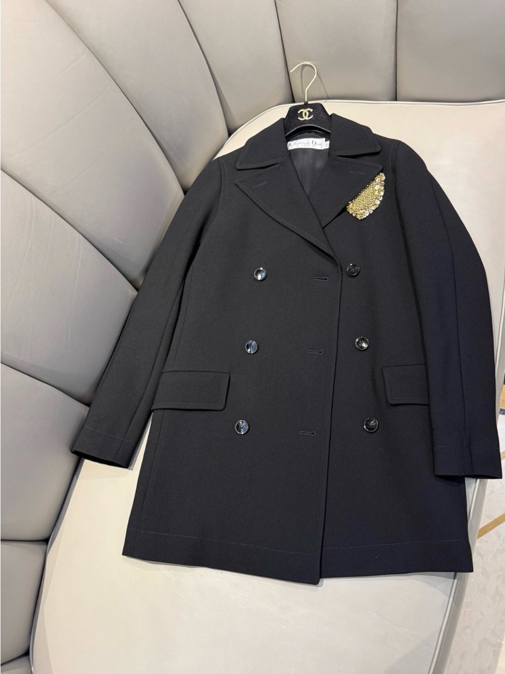 🚩steal Dior Black Double-Breasted Pea Coat with Gold Sequin Accent